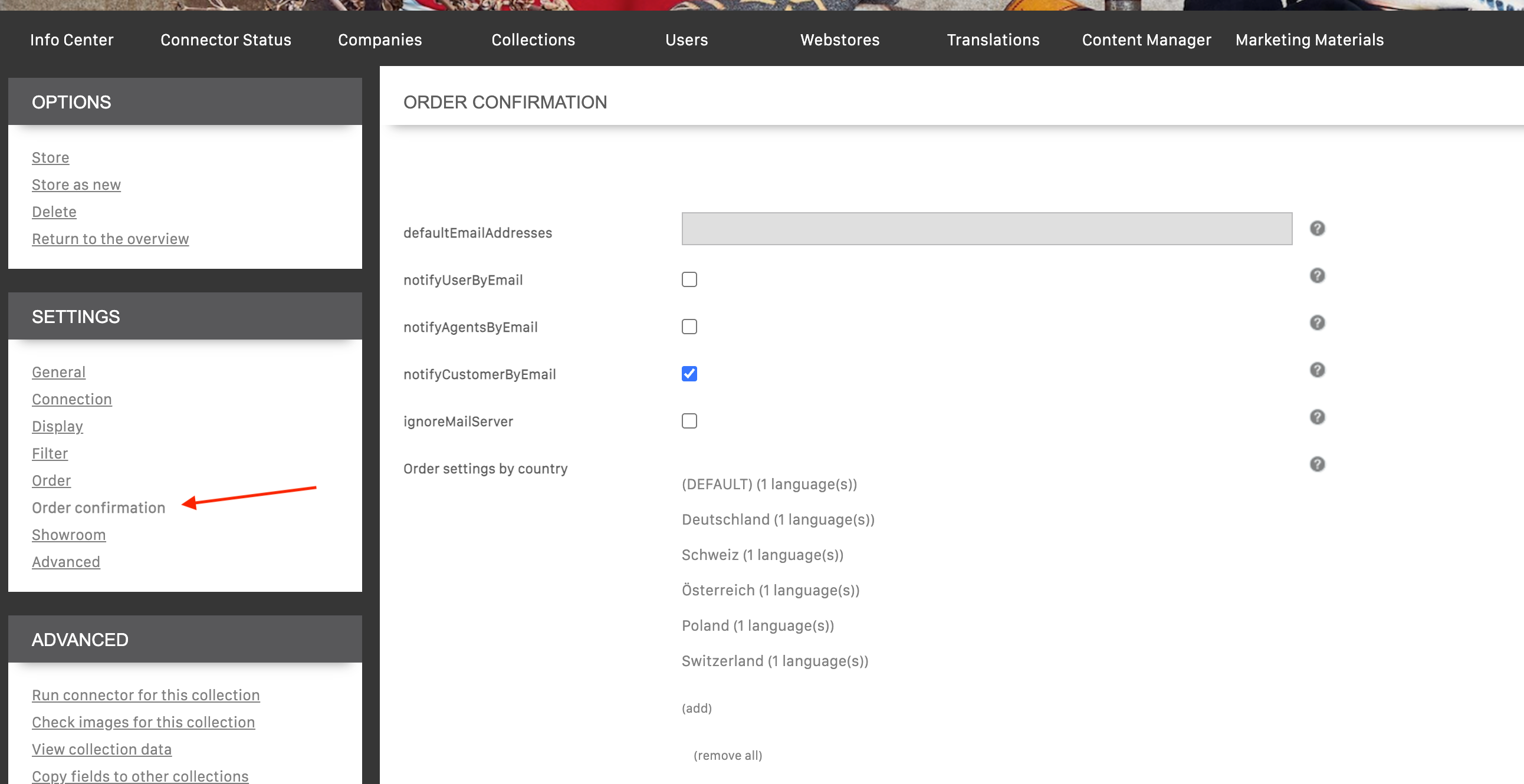 Order settings by country